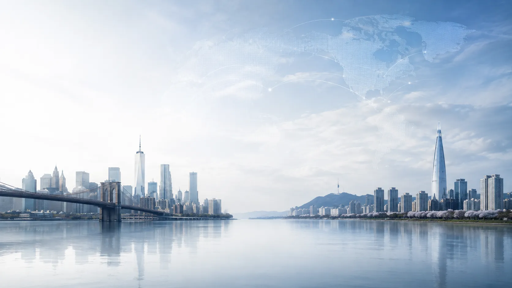 New York and Seoul skylines connected across water